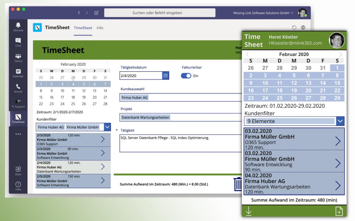 Ansicht der TimeSheet App auf mobile und Desktop